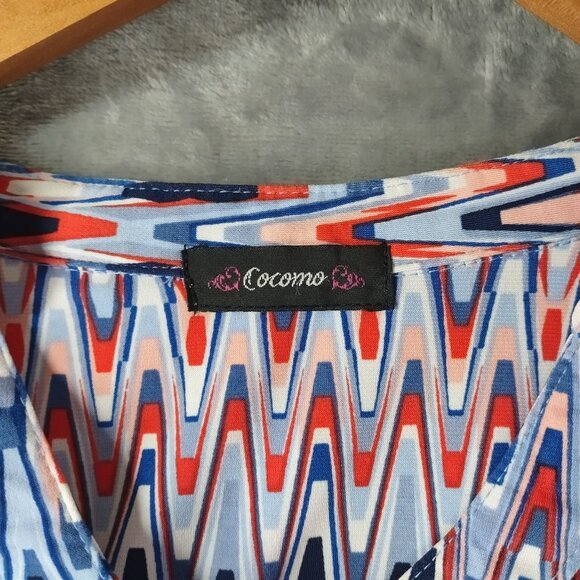 Cocomo Womens Y2K Retro Ikat Print Sleeveless Blouse Career Classic Red Blue‎ - Picture 2 of 9